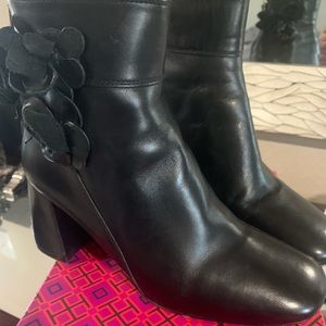 Tory Burch black heel blossom square boots